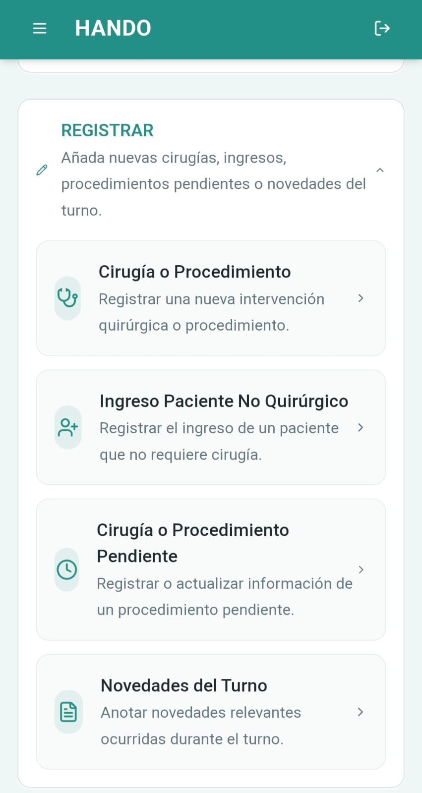 Funcionalidades de Registro de Hando
